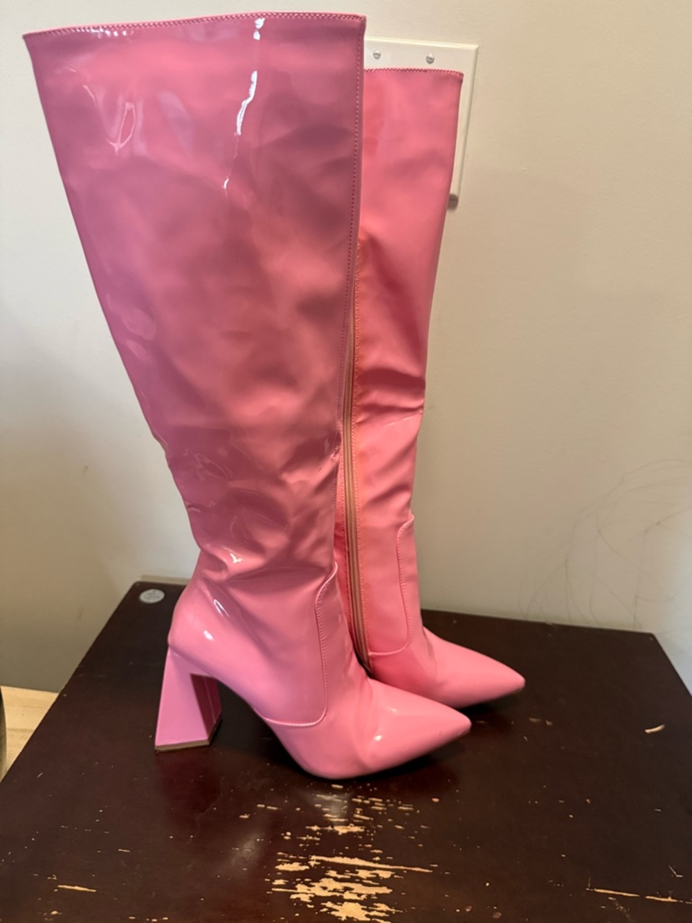 Patent Pink Over-the-Knee Block Heel Boots